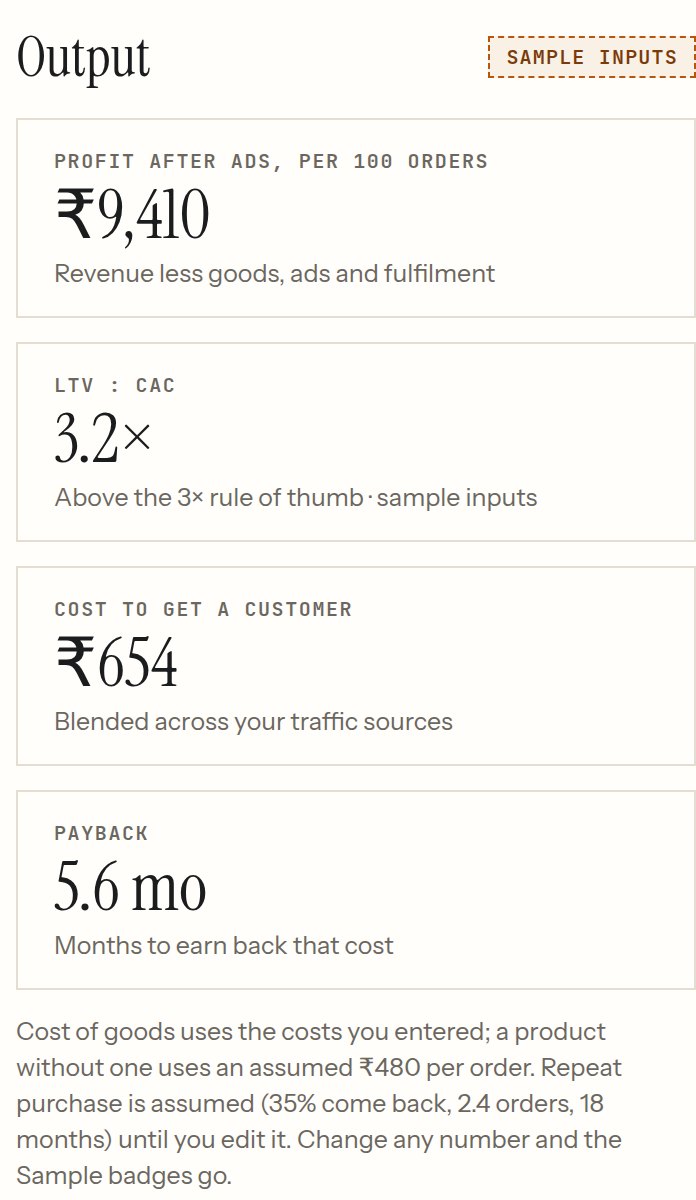 A product view of the Unit Economics outputs, shown with example data